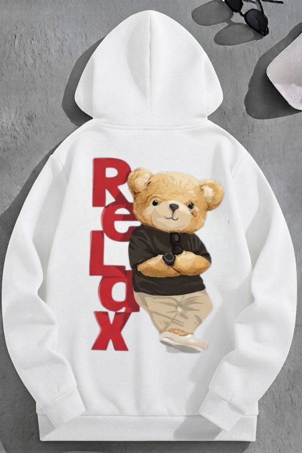 Unisex 3 Thread Cotton White Relaxbear Print Loose Fit Sweatshirt Hoodie