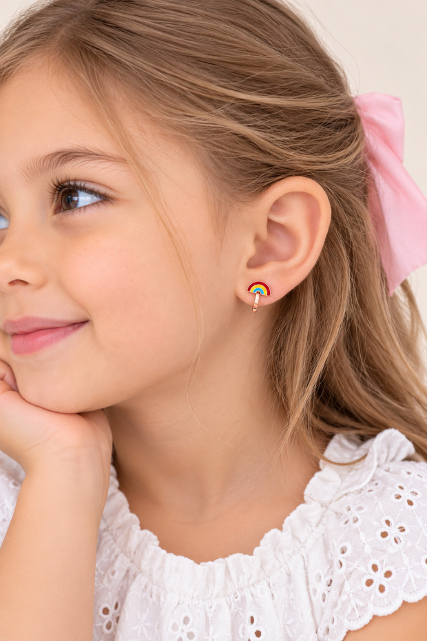 Steel Children's Earrings with Rainbow Figure, Compressible Girls' Earrings