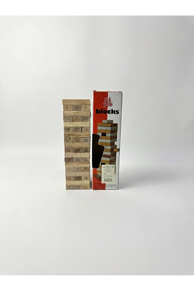 Wooden Stacking Blocks Game, Beige Hardwood Tower, Classic Size 54 Pieces with Box Cover, Strategy Game for Family