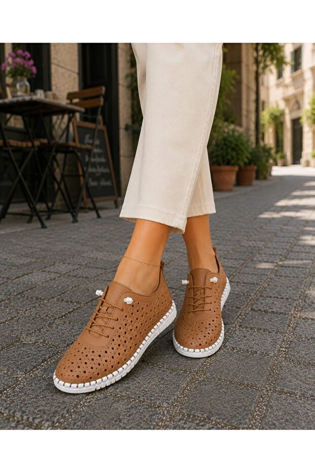 Tan Genuine Leather Women's Casual Shoes – Comfortable Orthopedic Sole Large Size 36-44
