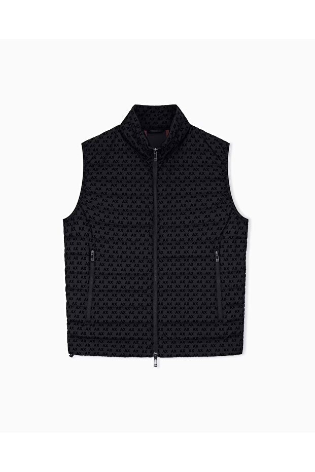 Men's Zippered Logo Patterned Black Vest