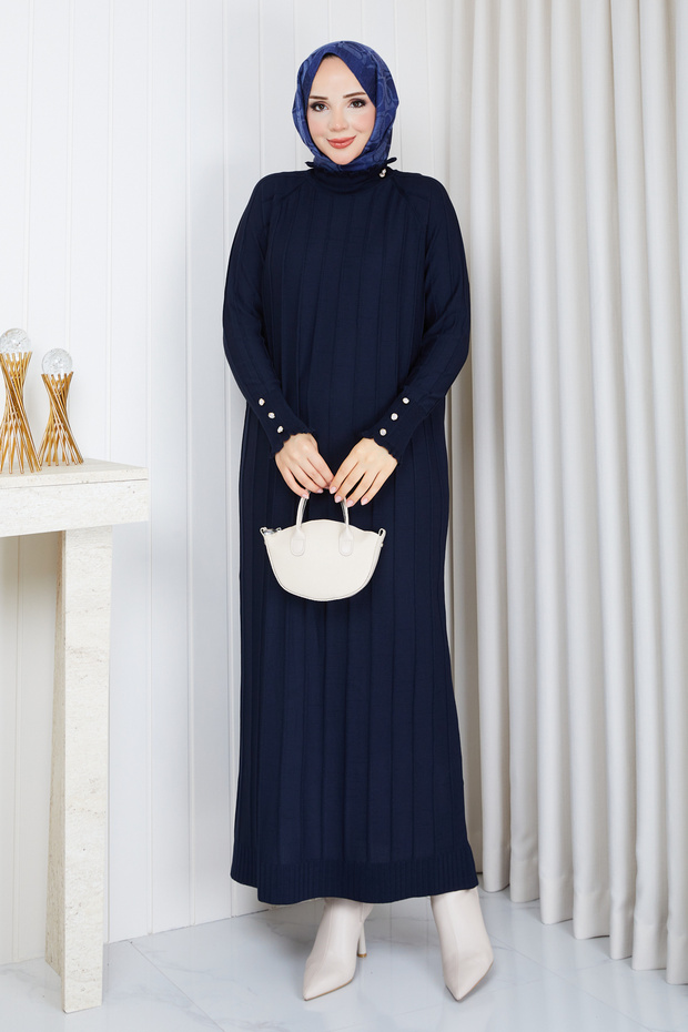 Women's Block Patterned Mercerized Knitwear Dress with Stone Collar