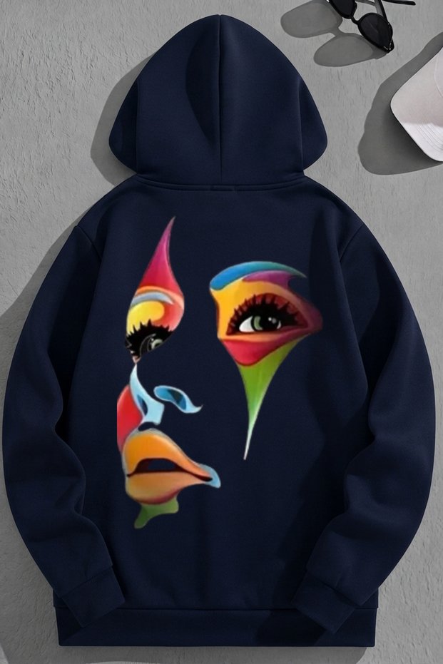 Unisex 3 Thread Cotton Navy Blue Color Face Print Loose Fit Sweatshirt Hoodie