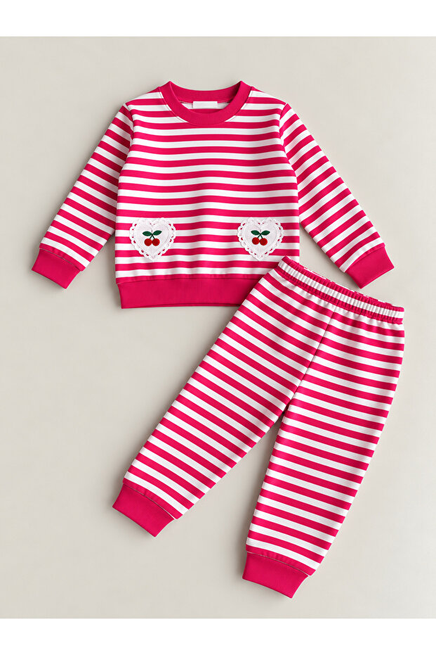 Girl's Embroidered Cherry Striped Suit
