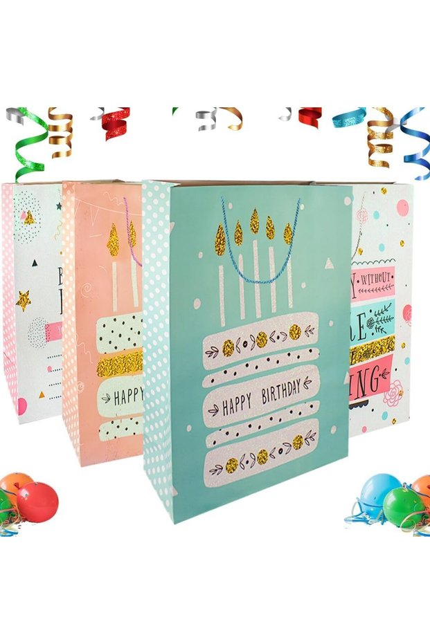 Very Big 4 Pc Jumbo 55x40 cm Gift Bags Large Birthday Colorful Happy 22 inch Birthday Party Favor Bags with Handles for Boys & Girls Goodie Bags for Kids Birthday Parties (Set A)