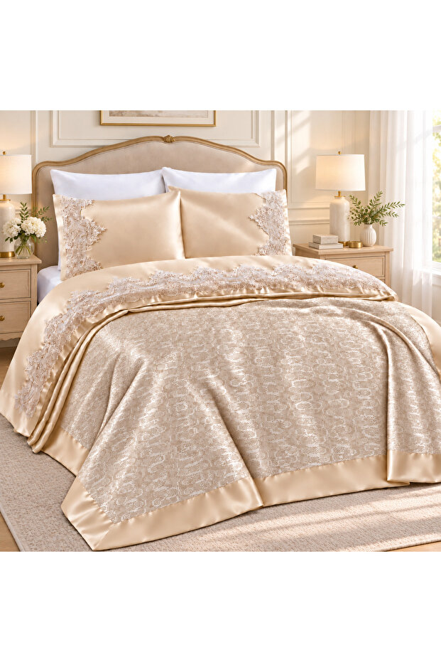 Double Lace Jacquard Satin Pique Set 6-Piece Dowry Box with Sheets 220X240 cm