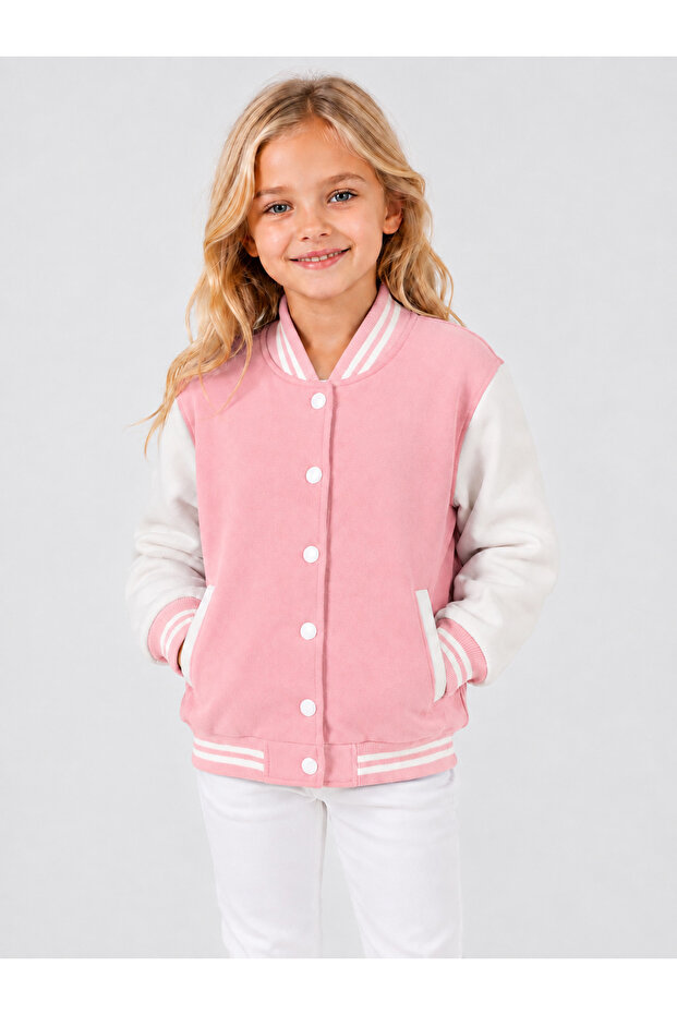 Girls' Pink Piped College Jacket 3-Yarn Shardooned Fabric (Thick)