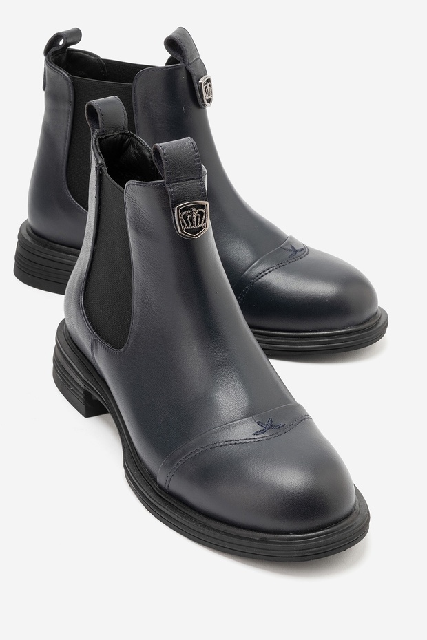 Sidney Navy Blue Leather Genuine Leather Buckle Elastic Women's Boots