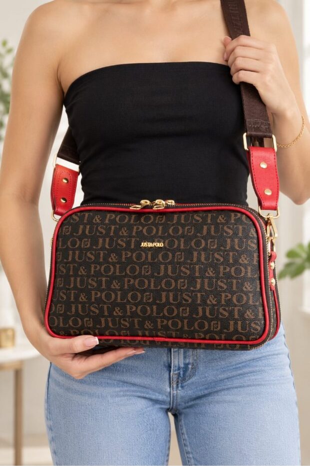 Women's Hand and Shoulder Bag with Double Zipper and Logo, Cross Strap, Brown-Red