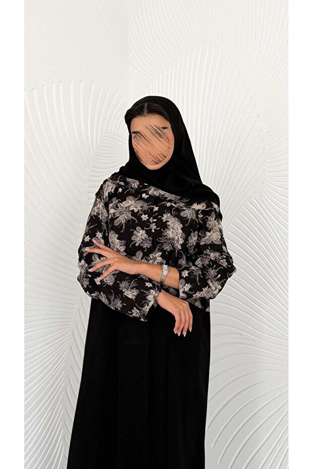 MWT5073 - قماش كريب اسود مع قماش شيفون ورد مشجر