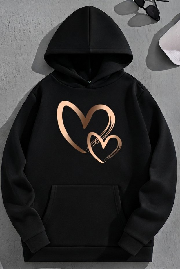 Unisex 3 Thread Cotton Black Goldheart Loose Fit Sweatshirt Hoodie
