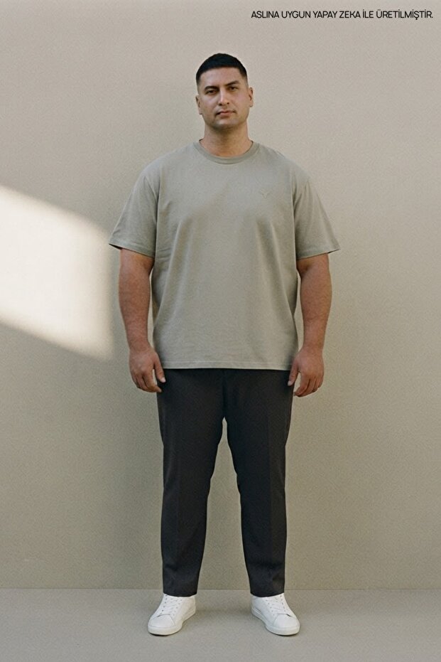 Beige Plus Size Men's Basic Crew Neck T-Shirt