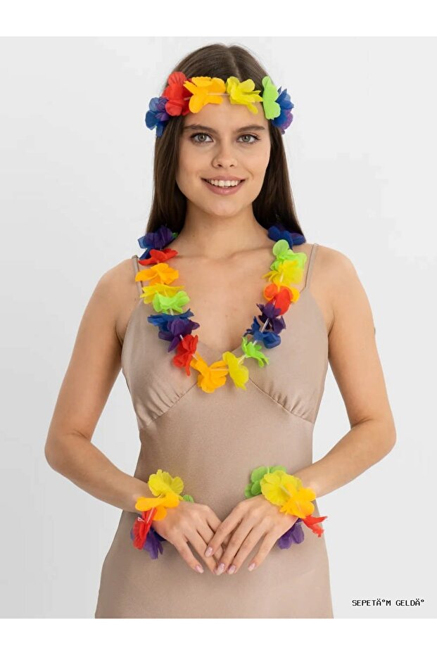 Spt-Gld Colorful Hawaiian Necklace Crown Bracelet Set (160009) 4 Pieces