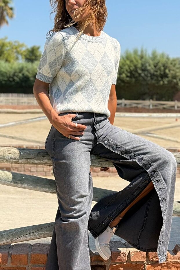 Gray Crew Neck Short Sleeve Plaid Slim Knitwear Sweater 50 50
