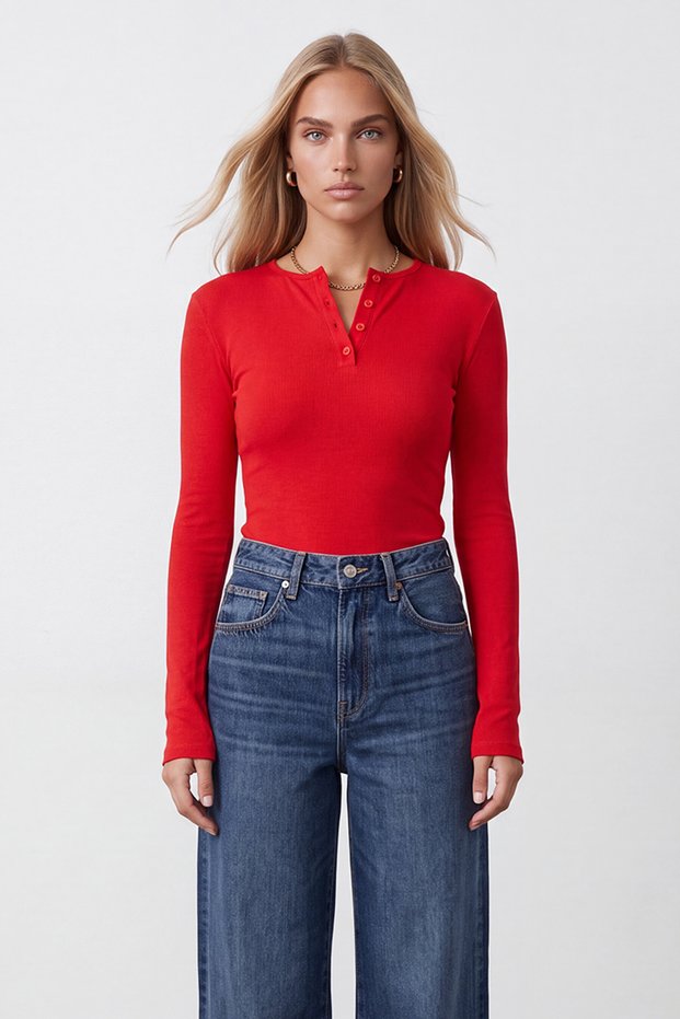 Women's Red Crew Neck Buttoned Buzzy Ribbed Knitted Blouse Alc-X15796