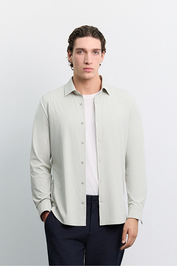 Men's Light Gray Glue Bonding Detailed Classic Collar Technical Diagonal Long Sleeve Slim Fit Shirt A62Y2078
