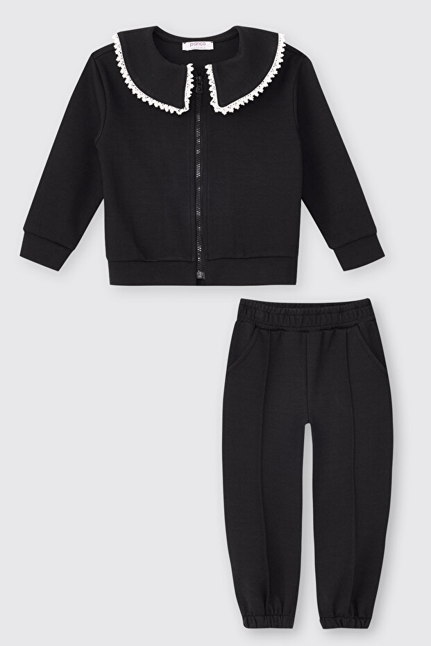 Baby Girl Zippered Sweatshirt and Elastic Waist 2-Piece Navy Blue Tracksuit Set