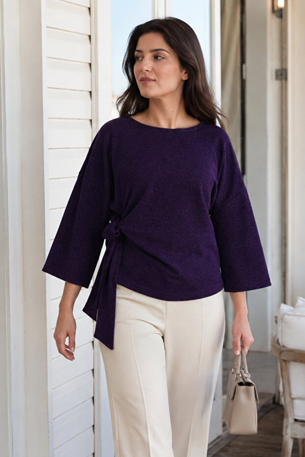 Women's Purple Zero Collar Bat Sleeve Front Tie Blouse Arm-27K001010