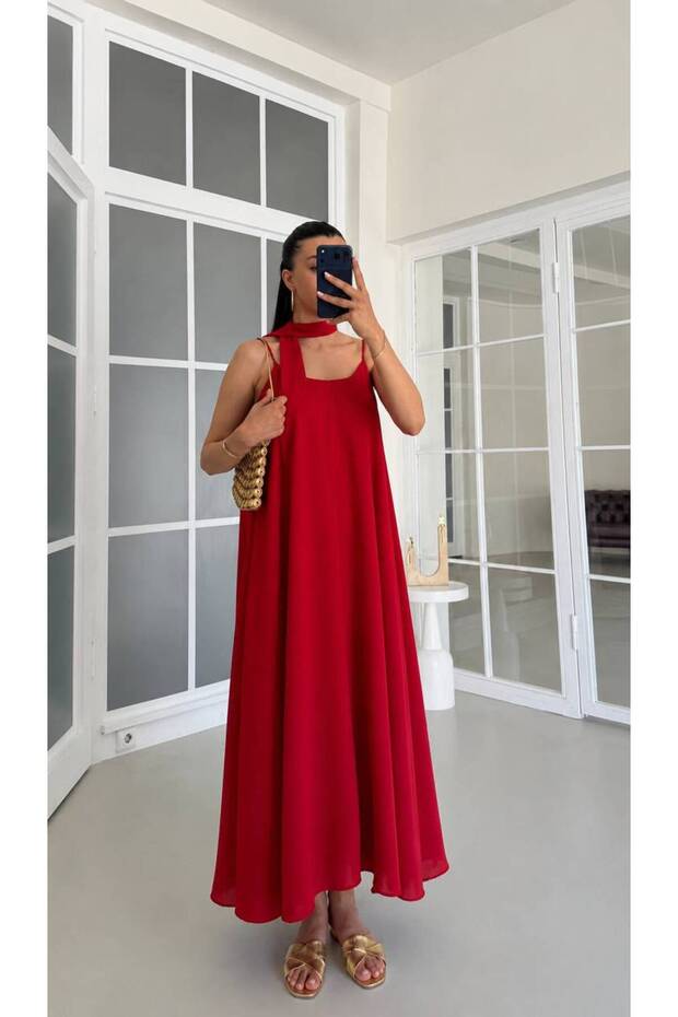 Women's Red Scarf Long Chiffon Dress