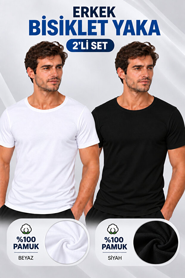 Men's Crew Neck Short Sleeve Undershirt Undershirt (Tutku Authorized Seller) 100% Cotton Set of 2 – 1 Black + 1 White