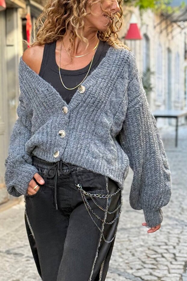 Anthracite Buttoned Knitted Detailed Soft Textured Loose Knitwear Cardigan 50 50