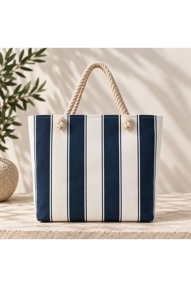 Zippered Gabardine Women's Shoulder Bag 50X40 cm – Large Size Striped Rope Handle Beach and Daily Bag