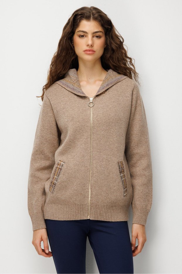 Women's Hooded Wool Cardigan with Patterned Pocket and Hood, Dark Beige