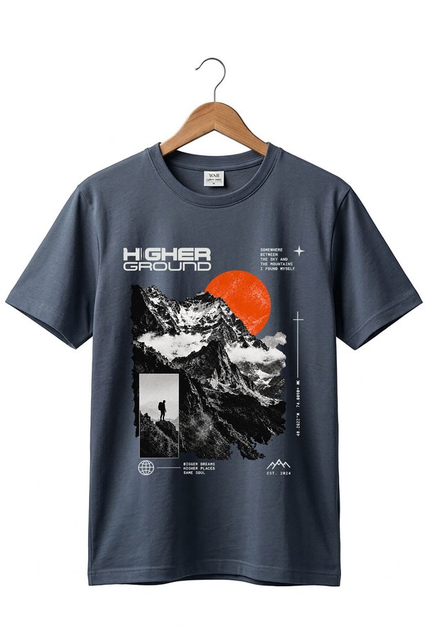 Unisex Outdoor Higher Ground Mountain Printed 100% Cotton Street Style Crew Neck Basic T-Shirt