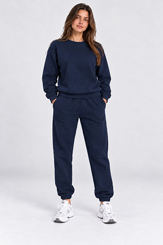 Women's Navy Blue Basic Crew Neck Sweatshirt Jogger Tracksuit Set – Casual Comfortable 2-Piece Set