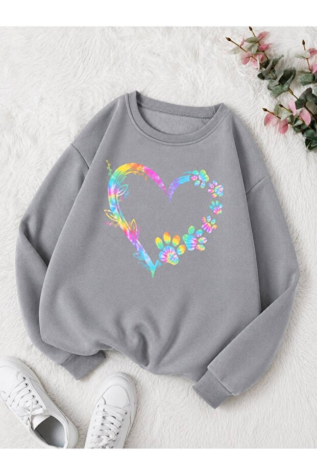 3 Yarn Combed Colorful Paw Heart Unisex Children's Crewneck Sweat Qa2