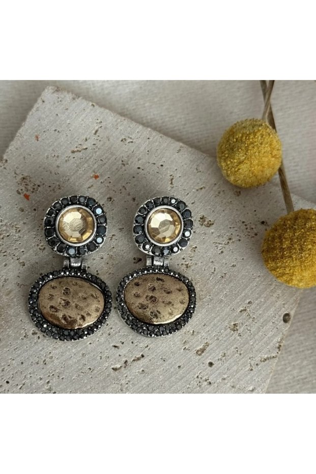 Xuping Antique Oxide Pendant Bohemian Vintage Earrings - Black Zircon Stone Hammered Champagne Crystal Authentic Women's Earrings