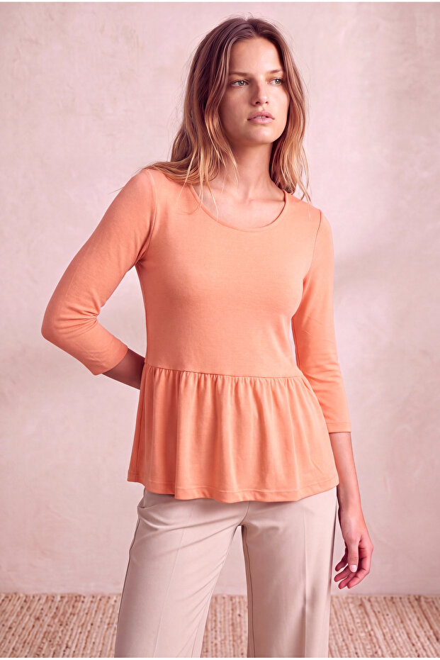 Women's Peach 3/4 Sleeve Crew Neck Skirt Gathered Blouse Esther