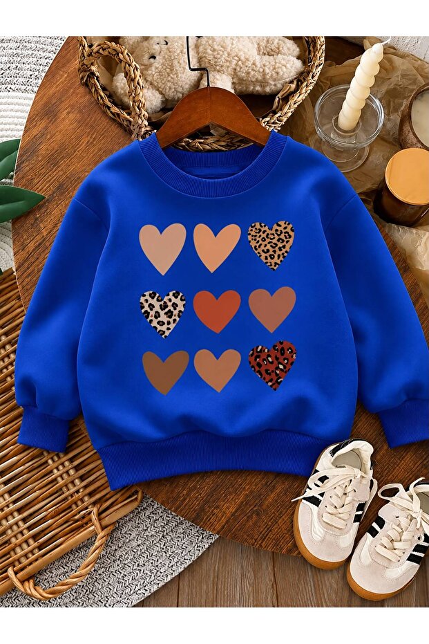 3 Yarn Combed Cotton Hearts Printed Unisex Children's Crewneck Sweat Qa5