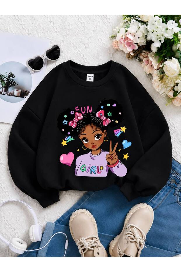 3 Yarn Combed Cotton Girls Printed Unisex Children's Crewneck Sweat Qa6
