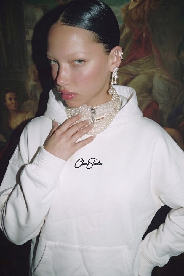 Unisex Oversize Hoodie Chmp Studios Embroidered White - Hooded, Pocketed, 3 Thread Fleece