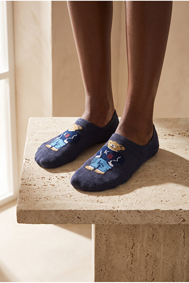 Unisex Teddy Patterned Sneaker Invisible Socks Navy Blue