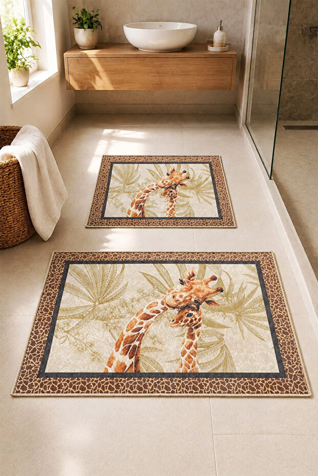 Decorative Digital Printed Set of 2 Bath Mat Non-Slip Base Toilet Set