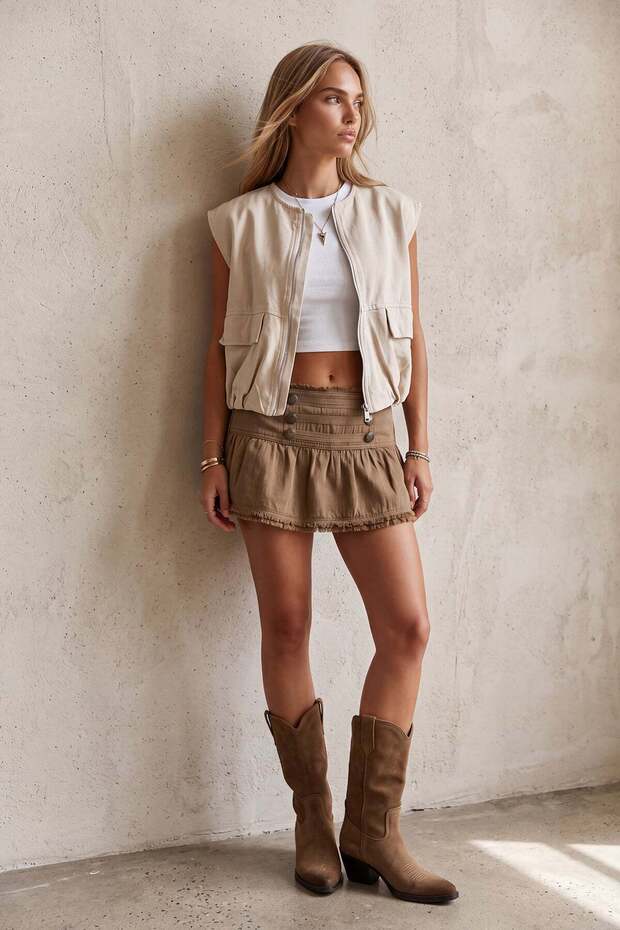 Women's Beige Double Pocket Lined Zippered Gapardin Drawstring Detailed Vest Alc-X15784