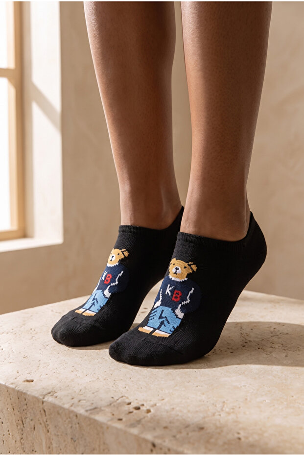 Unisex Teddy Patterned Sneaker Invisible Socks Black