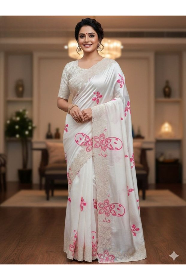 White Satin Saree with Pink Floral Motifs - KTS9875 | White & Pink
