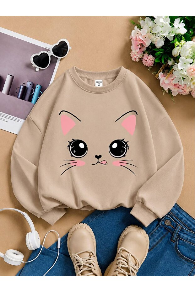 3 Yarn Combed Cotton Cat Printed Unisex Children's Crewneck Sweat Qa3