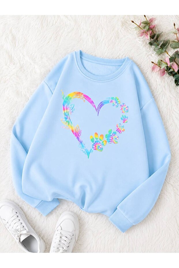 3 Yarn Combed Colorful Paw Heart Unisex Children's Crewneck Sweat Qa2