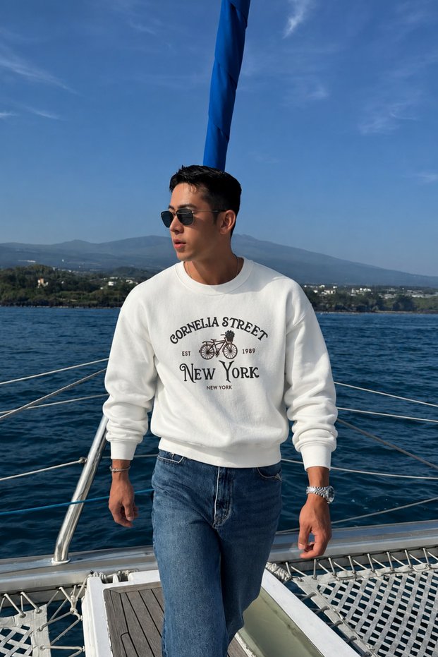 Men's Organic Cotton Soft Sweatshirt with Print Detail and Crew Neck, Fleece Lined Inside