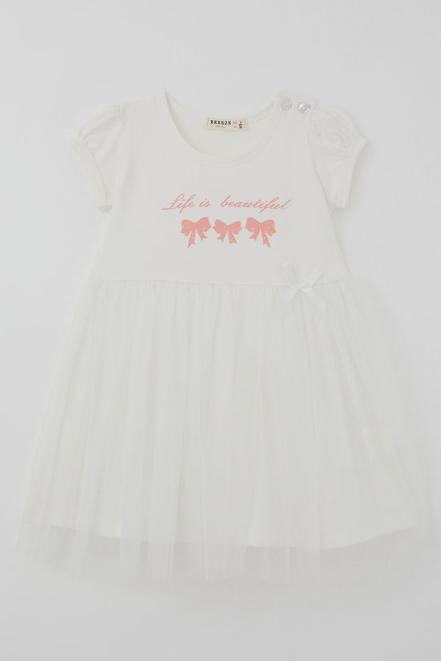 Girl's Short Sleeve Dress with Bow Print and Tulle, 1.5-5 Years Old, Ecru