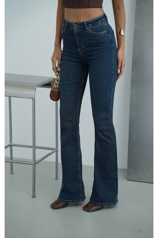 Women's Blue Jean Trousers High Waist Spanish Leg Dark 5 Pockets