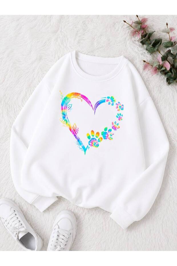 3 Yarn Combed Colorful Paw Heart Unisex Children's Crewneck Sweat Qa2
