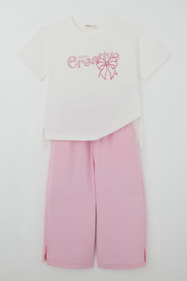 Girl's Trouser Suit, Inspiration Themed, Bow Printed, Slit, 8-14 Years, Ecru