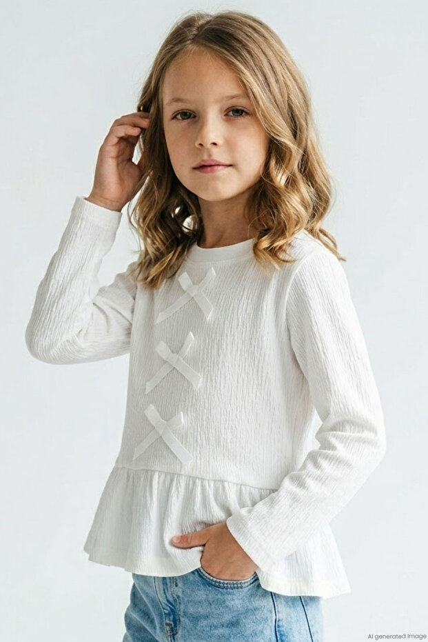 Girl's Long Sleeve Blouse with Bow Accessory, Ages 4-8, Ecru