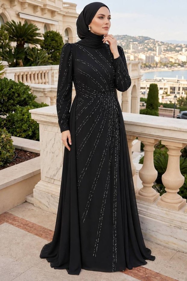 Stone Embellished Draped Black Hijab Evening Dress 55131S