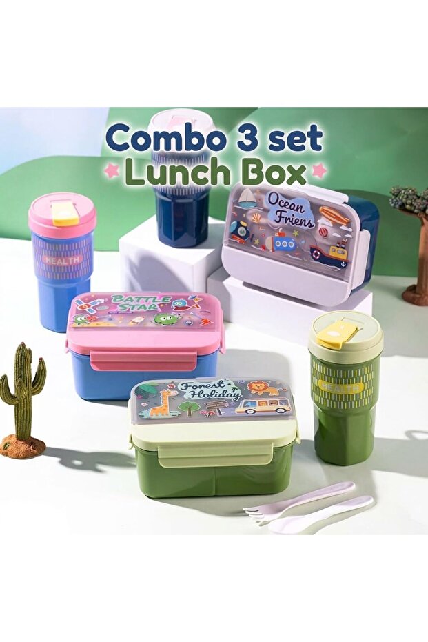 Bento Lunch Box, 3 Set Combo Pack with Matching Water Bottle – 1200ml 3-Compartment Leak-Proof Meal Container, Includes Built-in Spoon & Fork, BPA-Free, Durable School & Picnic Set for Boys & Girls